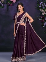 Deep Violet Crepe Satin Silk Ready To Wear Saree